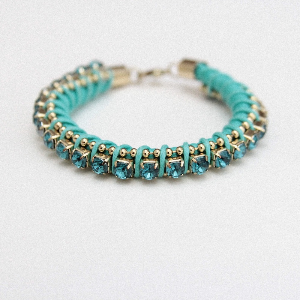 Teal Braided Rope Rhinestone Bracelet - Picture 2 of 5